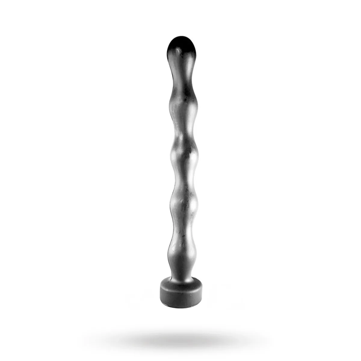 All Black Anal Beads 41,5 cm i svart PVC, sedd från sidan med de fem partierna och den runda bottenplattan