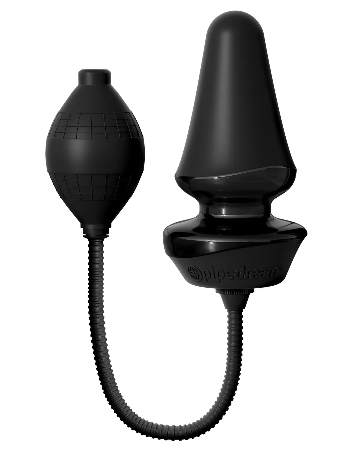 Anal Fantasy Inflatable Silicone Butt Plug i svart mot vit bakgrund, med den konformade pluggen till höger och den räfflade pumpbollen ansluten via slang till vänster