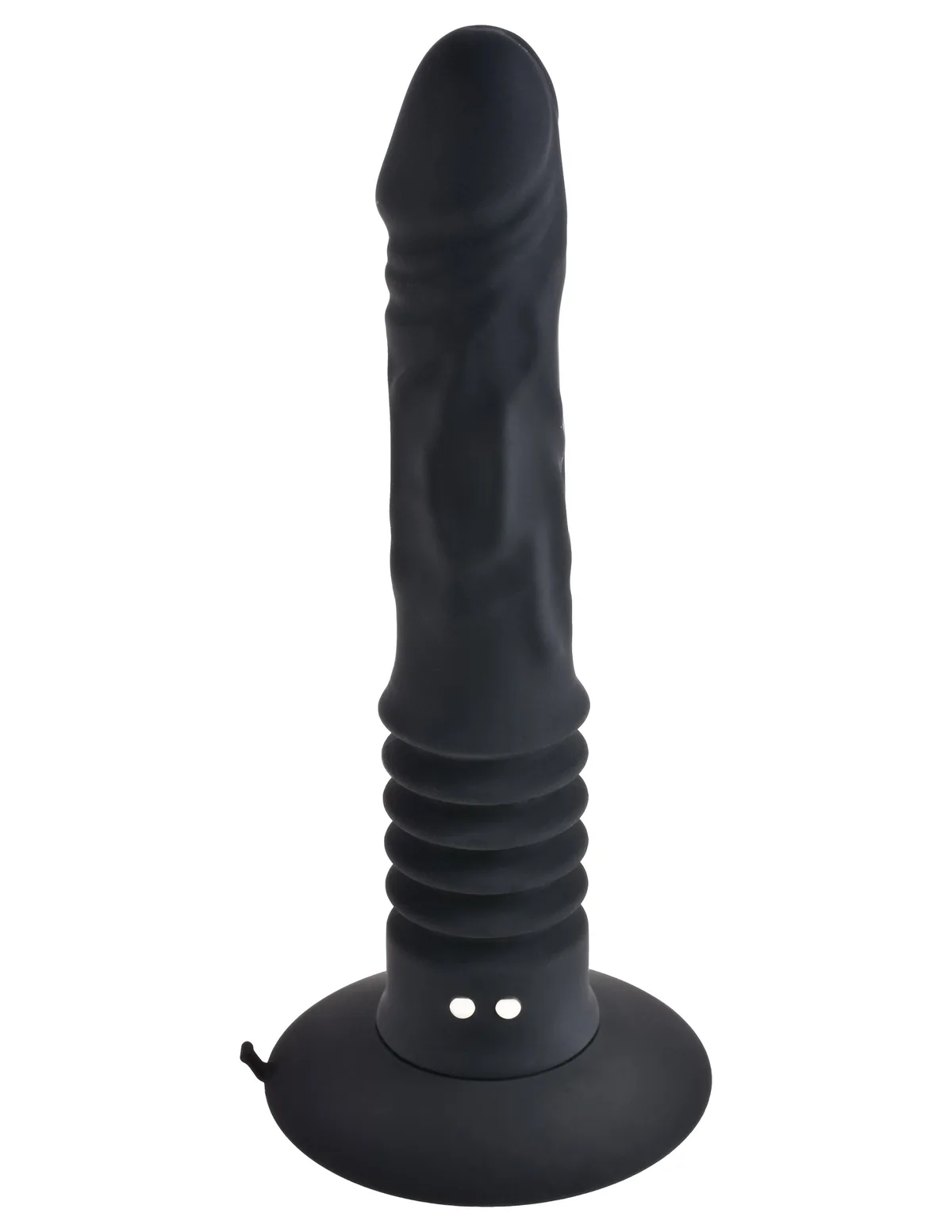 Anal Fantasy Vibrating Ass Fucker i svart, sedd från sidan med det räfflade teleskoppartiet och sugkoppsbasen