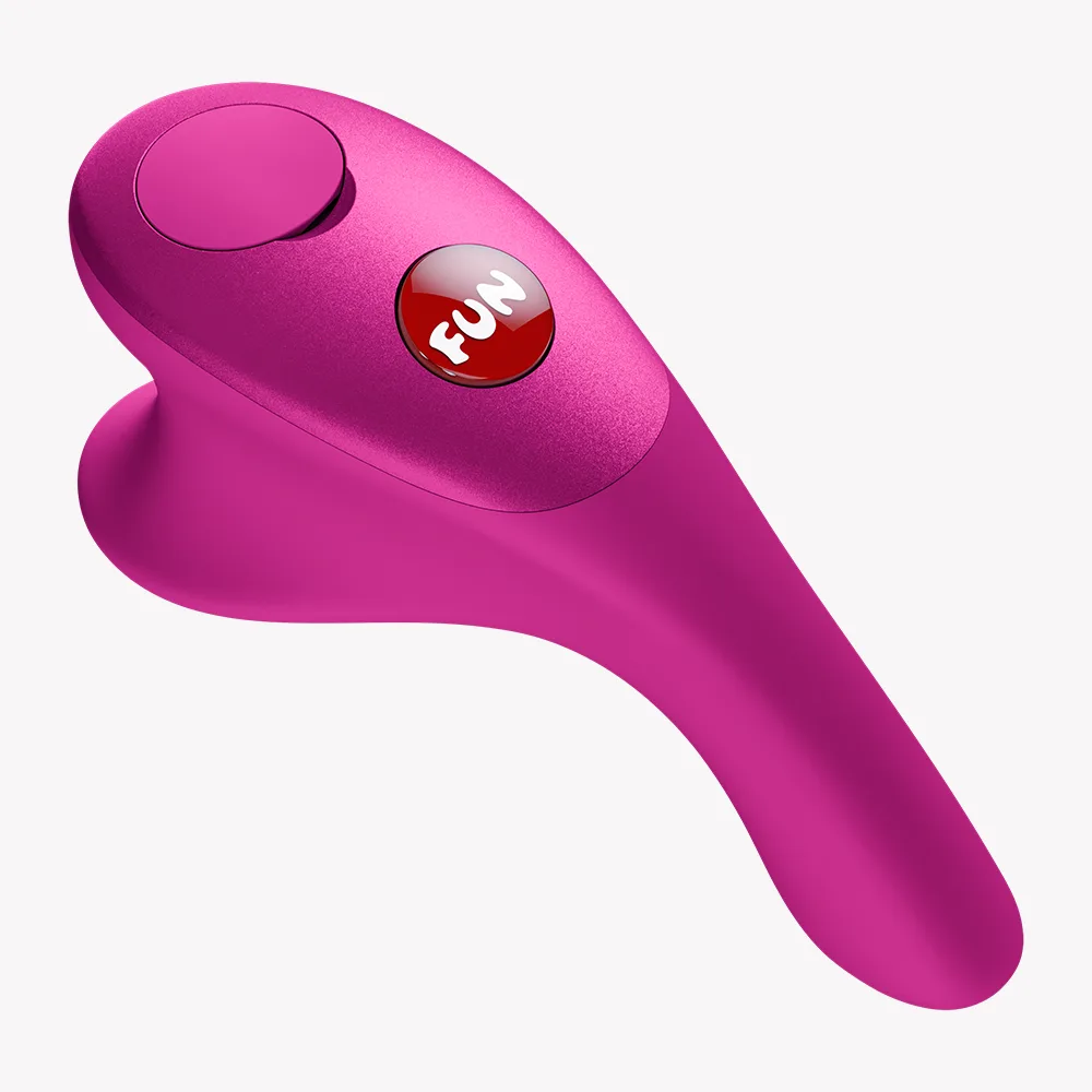 Fun Factory Be One fingervibrator i magenta, sedd snett uppifrån med FUN-knappen synlig