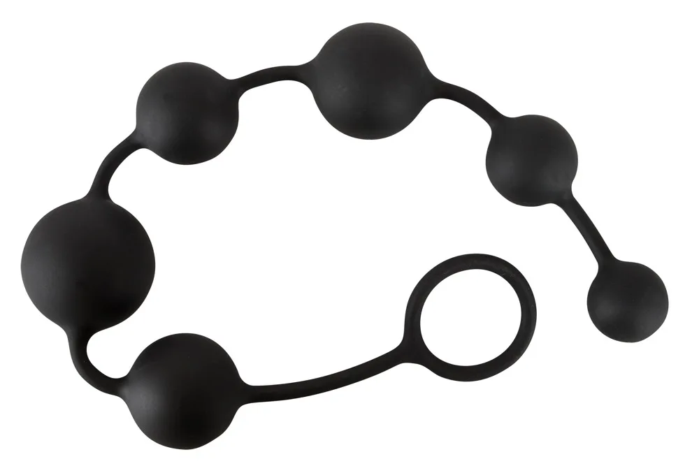 Black Velvets Anal Beads i svart silikon, hela kulkedjan med sex kulor och återhämtningsring upplagd i en slinga