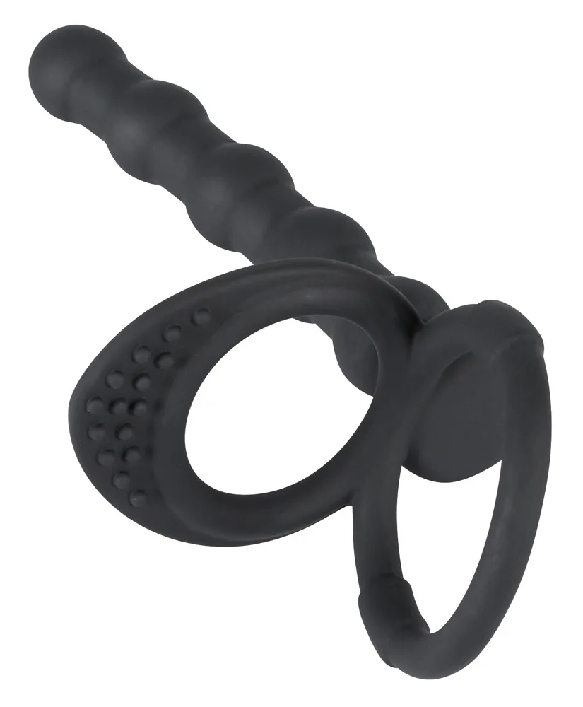 Black Velvets Penisring med Analkulor i svart silikon, sedd snett framifrån med penisring, pungring och den kulformade analstaven