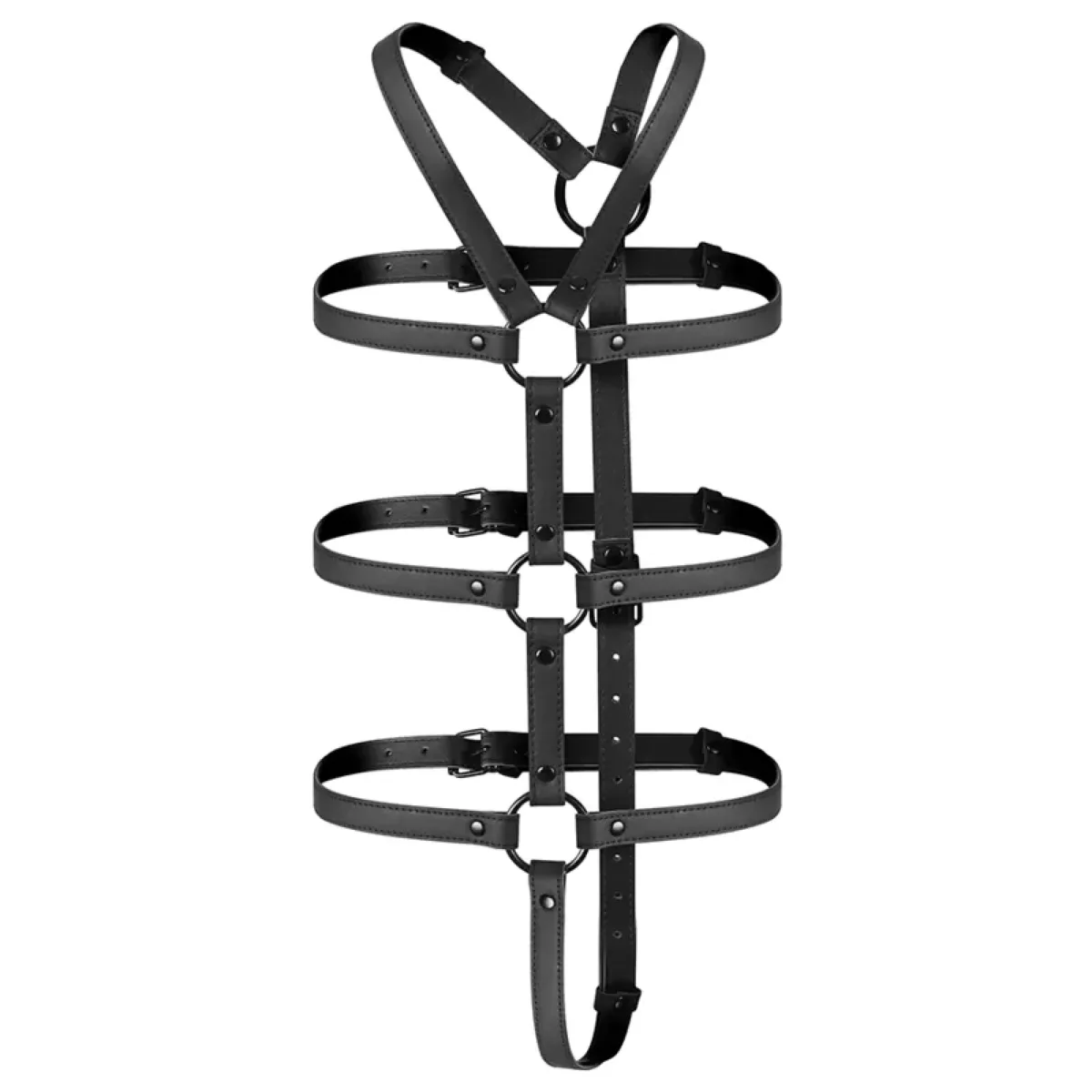 Bondage Adjustable Harness Torso & Arms i svart veganskt läder, utlagd platt med de tre horisontella remmarna och de korsade axelremmarna synliga