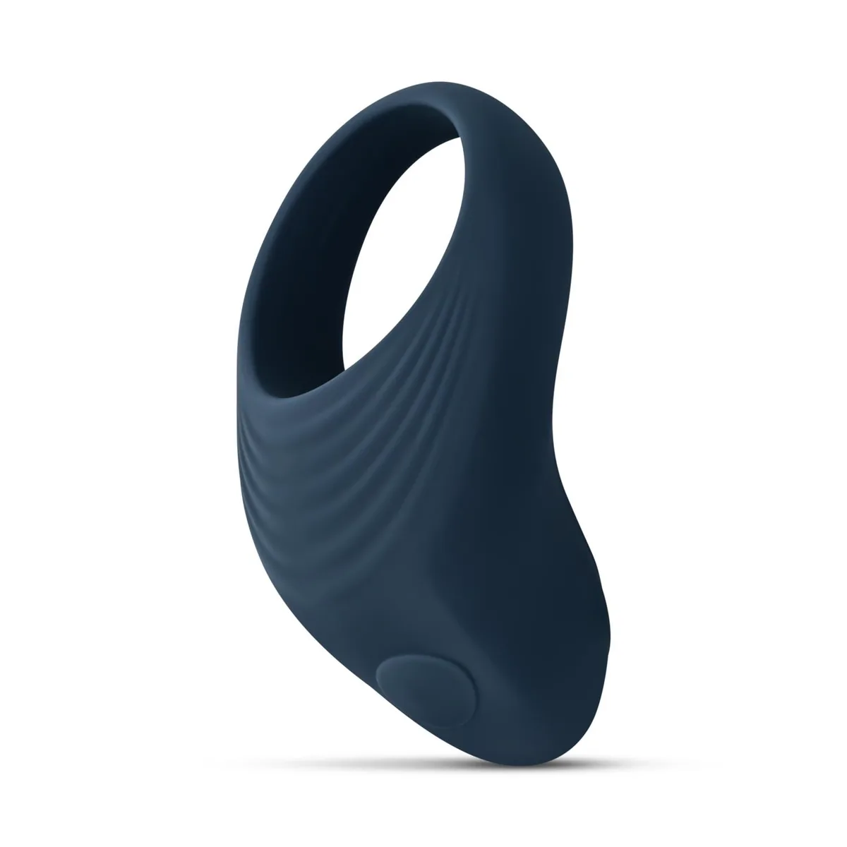 Boners Vibrating Cockring i mörkblå silikon, sedd snett framifrån med det räfflade motorhuset