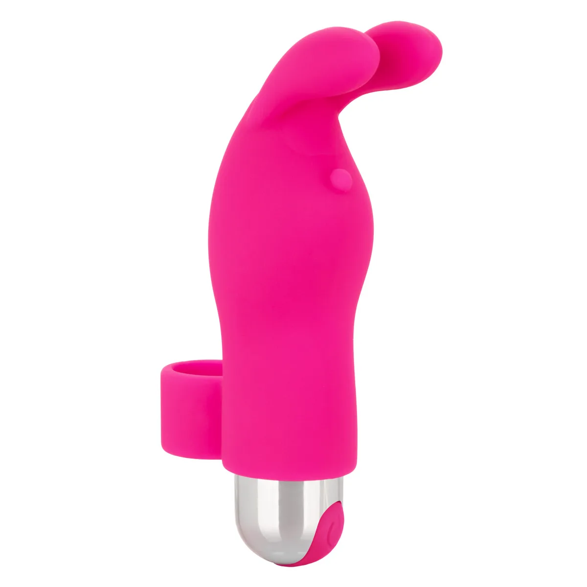 California Exotic Intimate Play Rechargeable Finger Bunny i rosa, sedd från sidan med fingerringen och den metalliserade bulleten