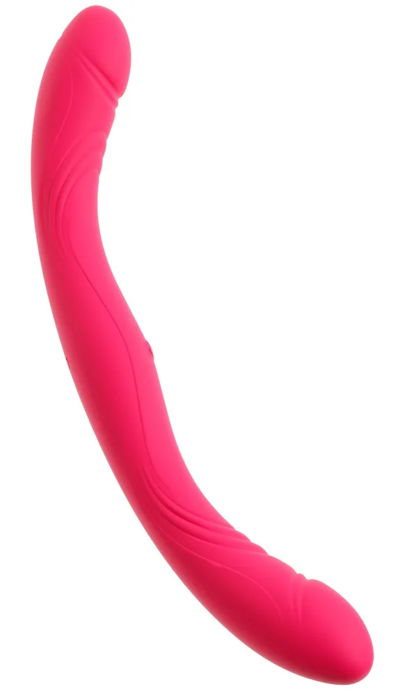 Couples Choice Double Vibrator i rosa silikon, sedd snett från sidan med båda de rundade ändarna