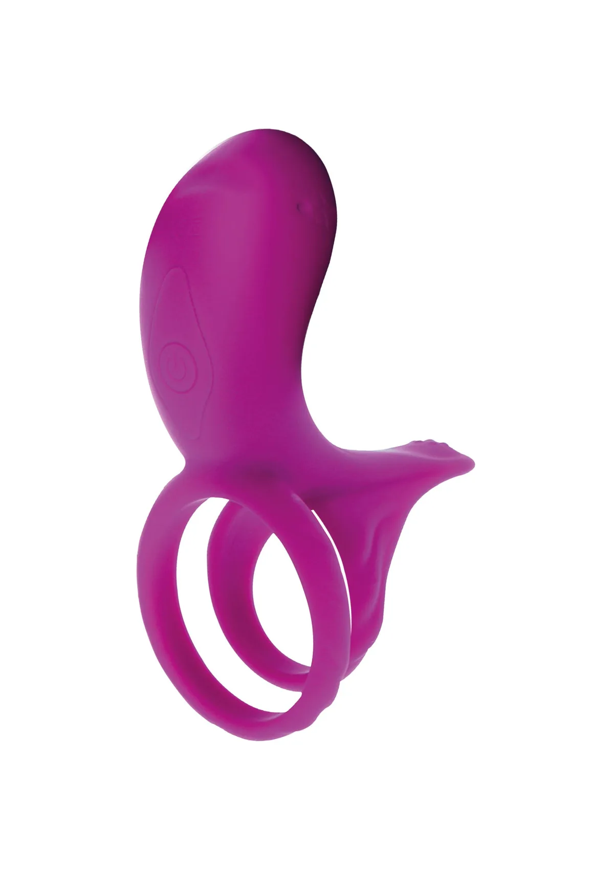 XOCOON Couples Stimulator Ring i fuchsia, sedd snett framifrån med dubbelöglan och klitorisarmen