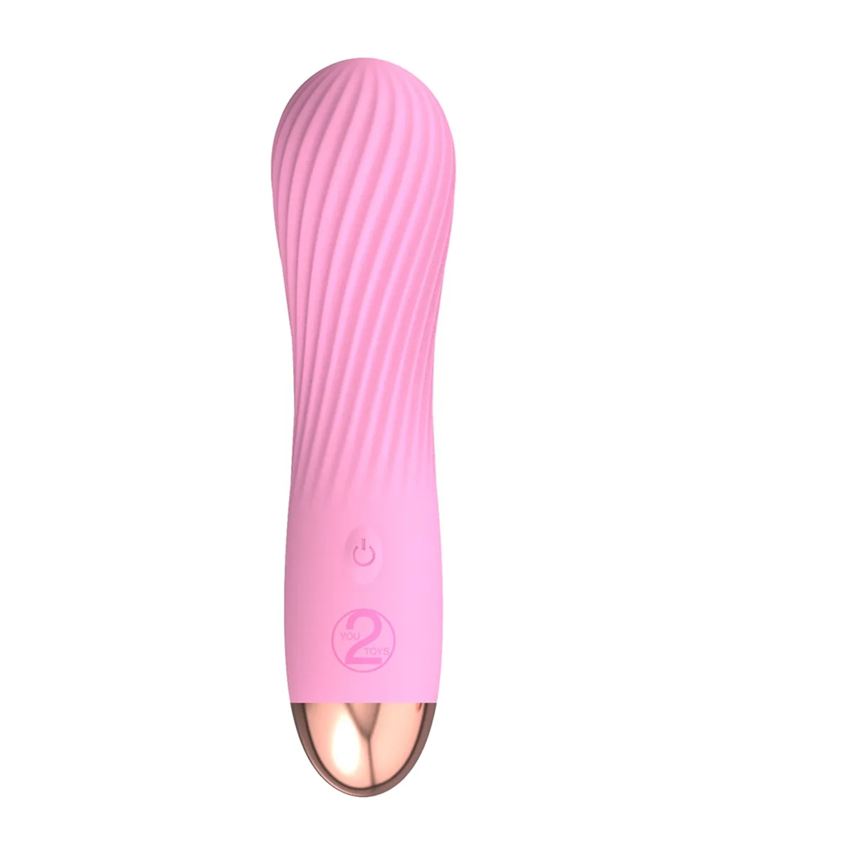Cuties Mini Vibrator Pink i rosa silikon, sedd framifrån med den räfflade spiralstrukturen, på/av-knappen och den gulddoppade basen