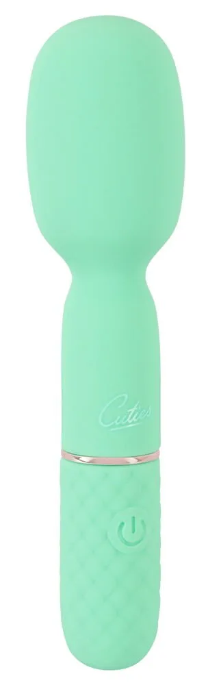 Cuties Mini Vibrator Wand i pastellgrönt, sedd framifrån med det ovala massagehuvudet uppåt och strömknappen i den rutmönstrade greppdelen