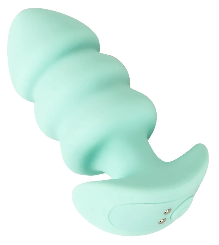 Cuties Vibrating Mini Butt Plug i turkos silikon, sedd snett framifrån med de tre avsatserna och den ankarformade basen