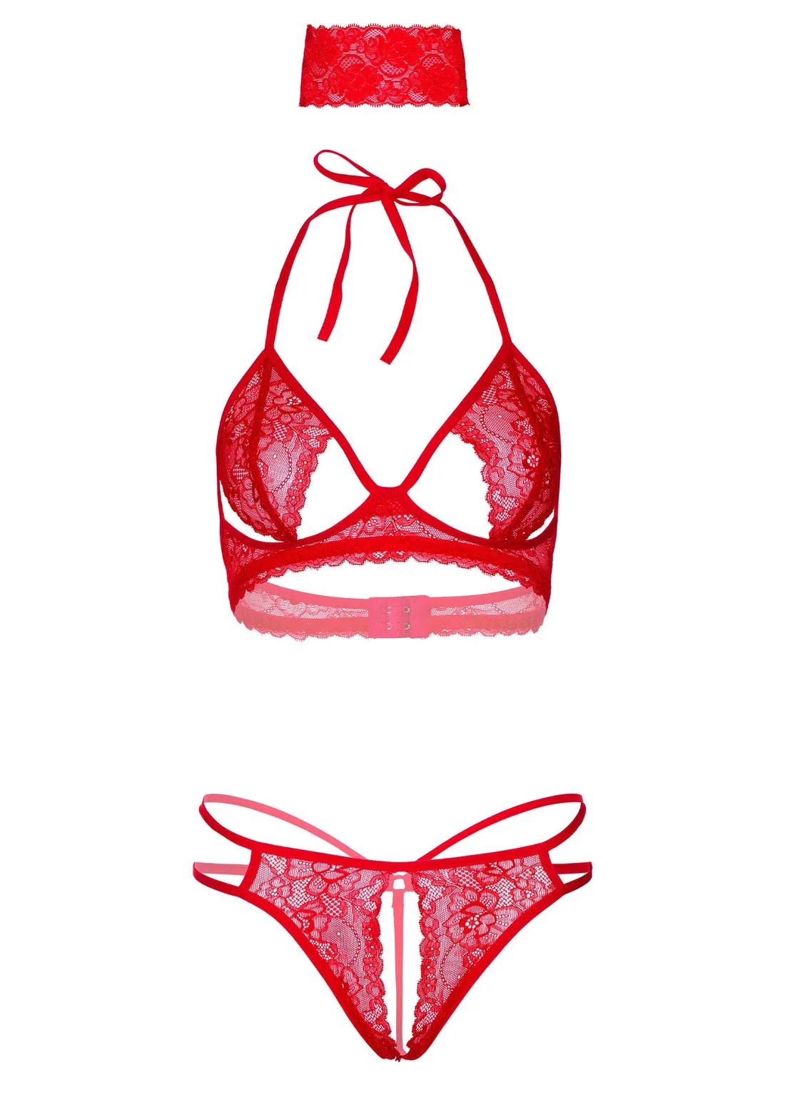 Daring Intimates tredelade set i röd spets: ögonbindel, peek-a-boo-bh och string med öppen gren, upplagda på vit bakgrund