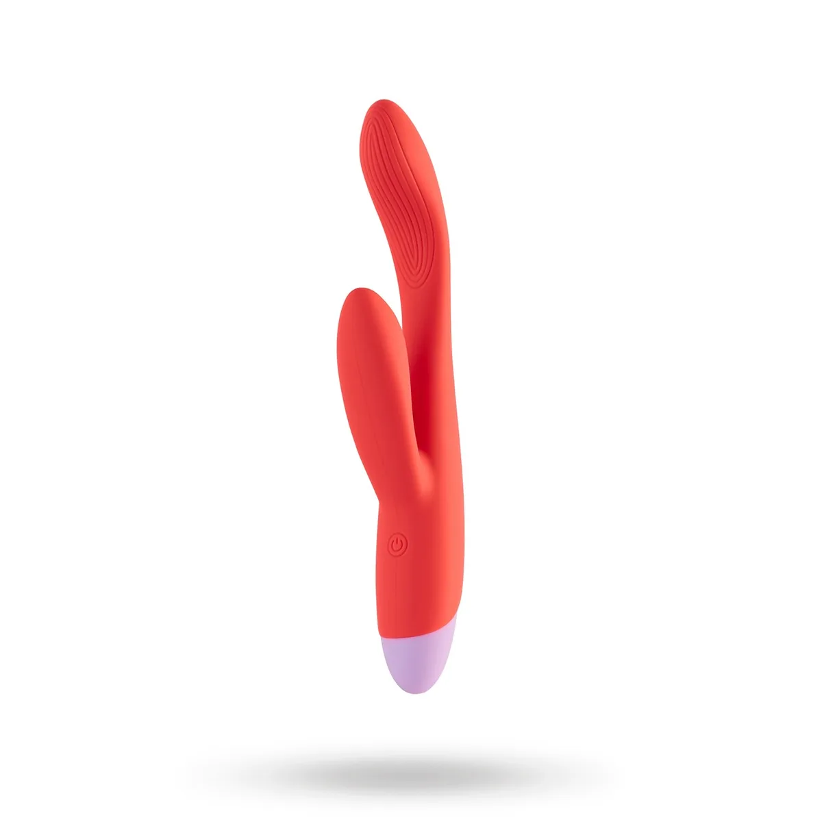 Dream Toys Double Beat Duo Vibrator i rött, sedd snett framifrån med den inre G-punktsarmen och den yttre klitorisarmen