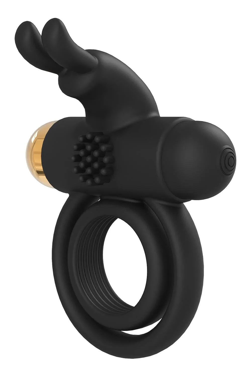 Dream Toys Elite Joel i svart silikon, sedd snett framifrån med den guldfärgade bulletvibratorn och de två ringarna