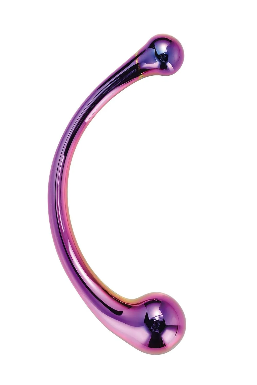 Dream Toys Glamour Glass Curved Wand i skimrande lila borosilikatglas, sedd från sidan med båda kulformade ändarna synliga