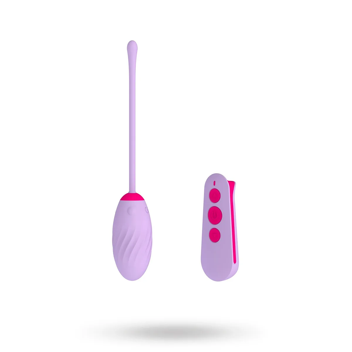 Dream Toys Eggcitement vibrerande ägg i lila med utdragssnöre, bredvid den medföljande fjärrkontrollen