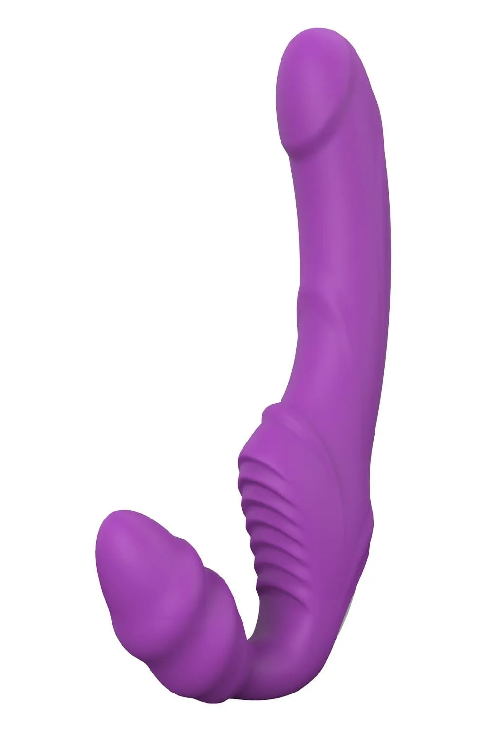 Dream Toys Double Dipper i lila, sedd från sidan med den korta inre änden, det räfflade mittpartiet och den långa penisformade änden