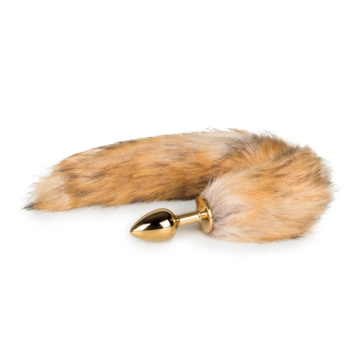 Easytoys Fox Tail Plug No. 1 Gold — guldfärgad metallplugg med fastsatt rävsvans i konstpäls, sedd snett från sidan
