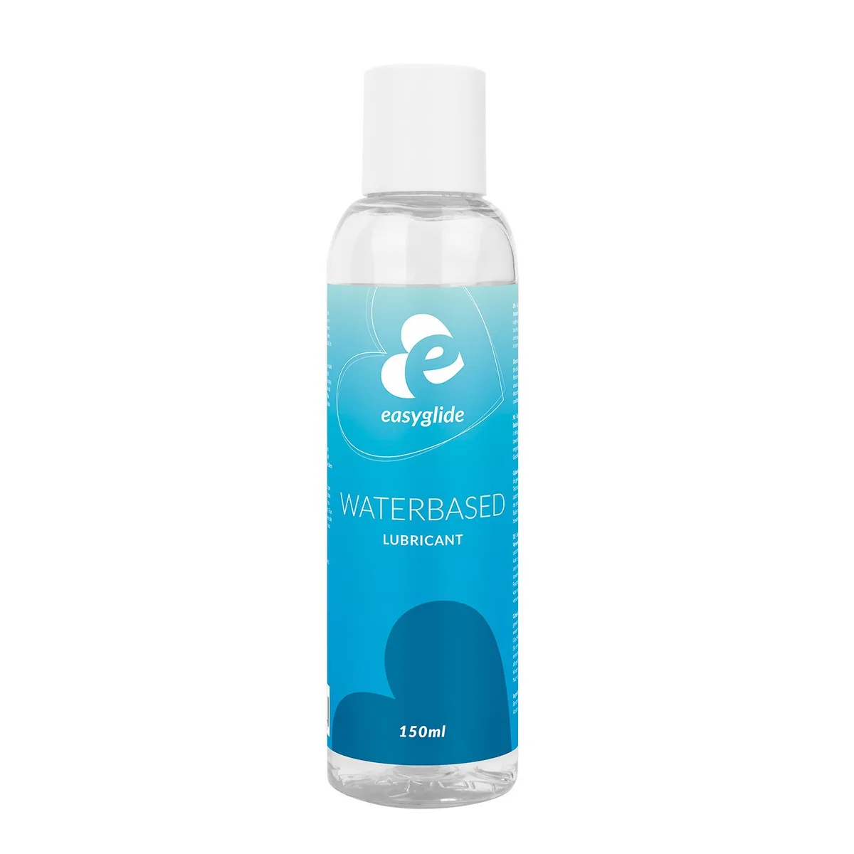EasyGlide Waterbased Lubricant 150 ml, en gennemsigtig flaske med hvidt låg og blå etiket, forfra på hvid baggrund