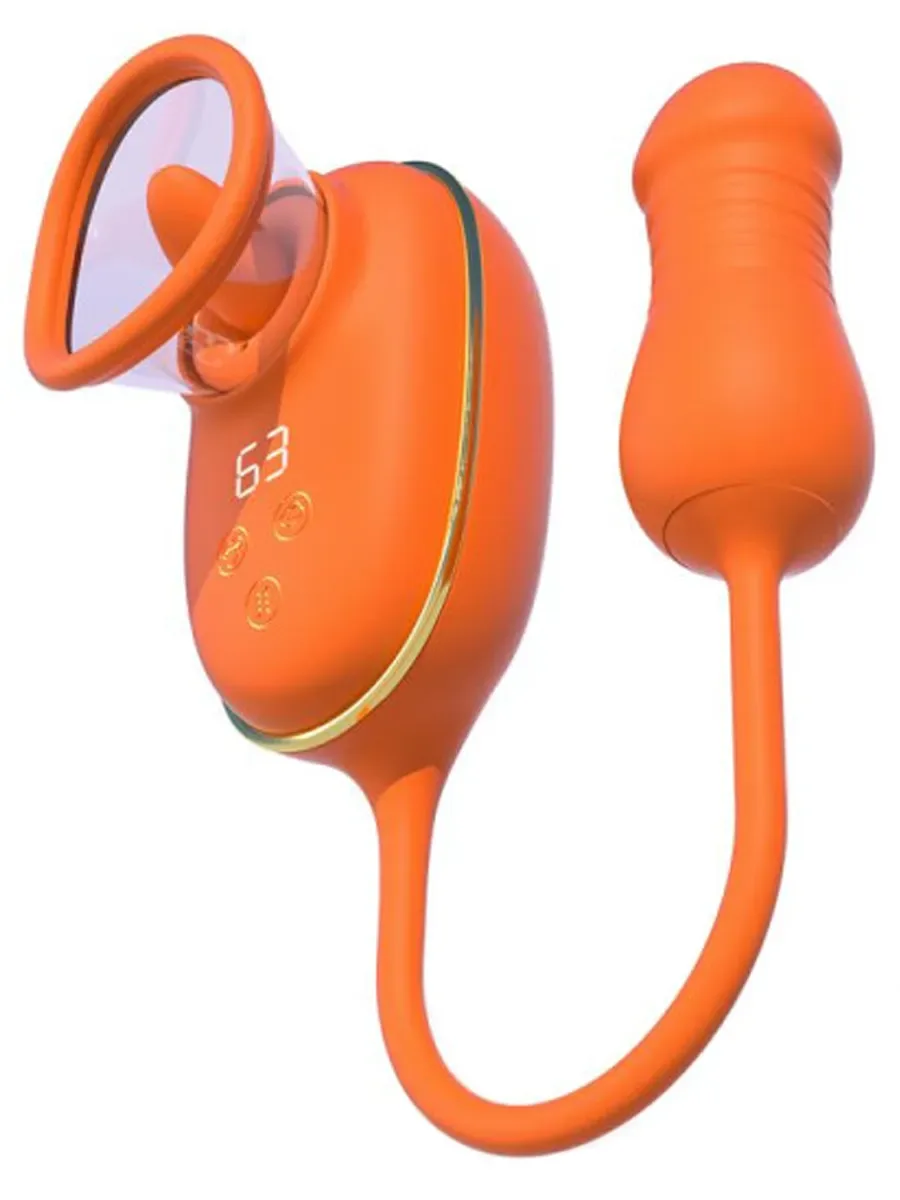 Engily Ross Lizer Pro i orange, sedd snett framifrån med vakuumkåpan över tungan och det stötande ägget på silikonsladden