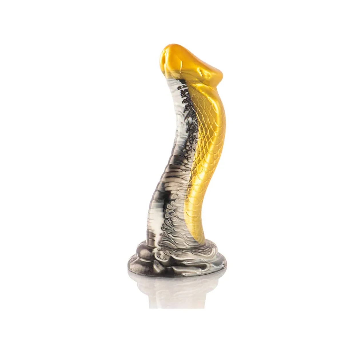Epic Drakon Dildo Yellow Cobra sedd från sidan, med gult fjällmönstrat kobrahuvud och svartvitt marmorerad undersida