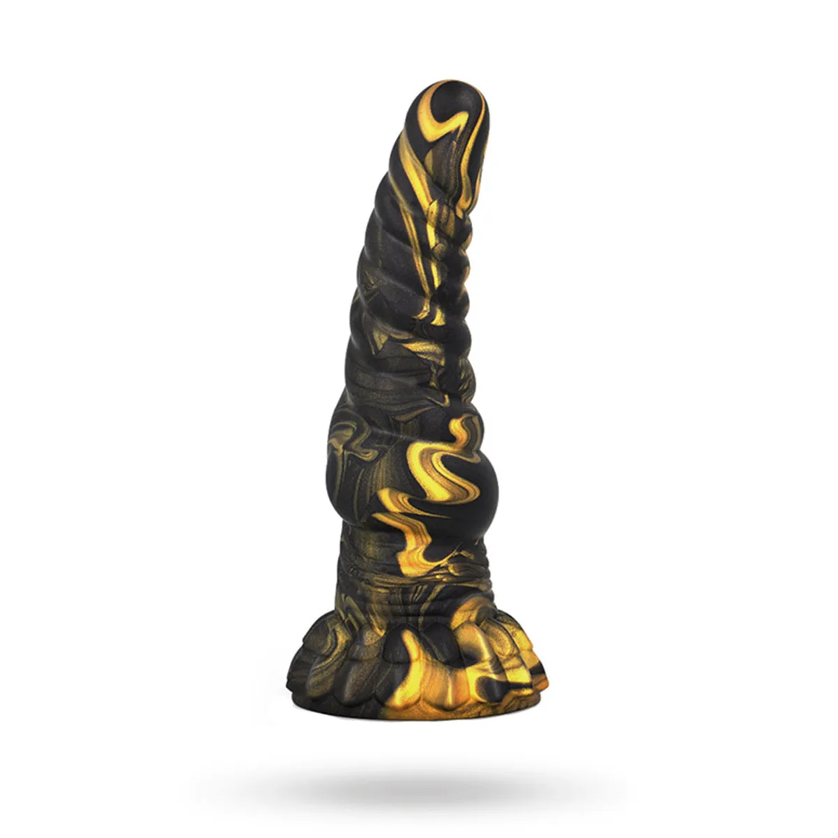 Epic Furias Dildo Greek Mythological Creature i svart och guld, sedd snett från sidan med sugkoppsbasen nedåt