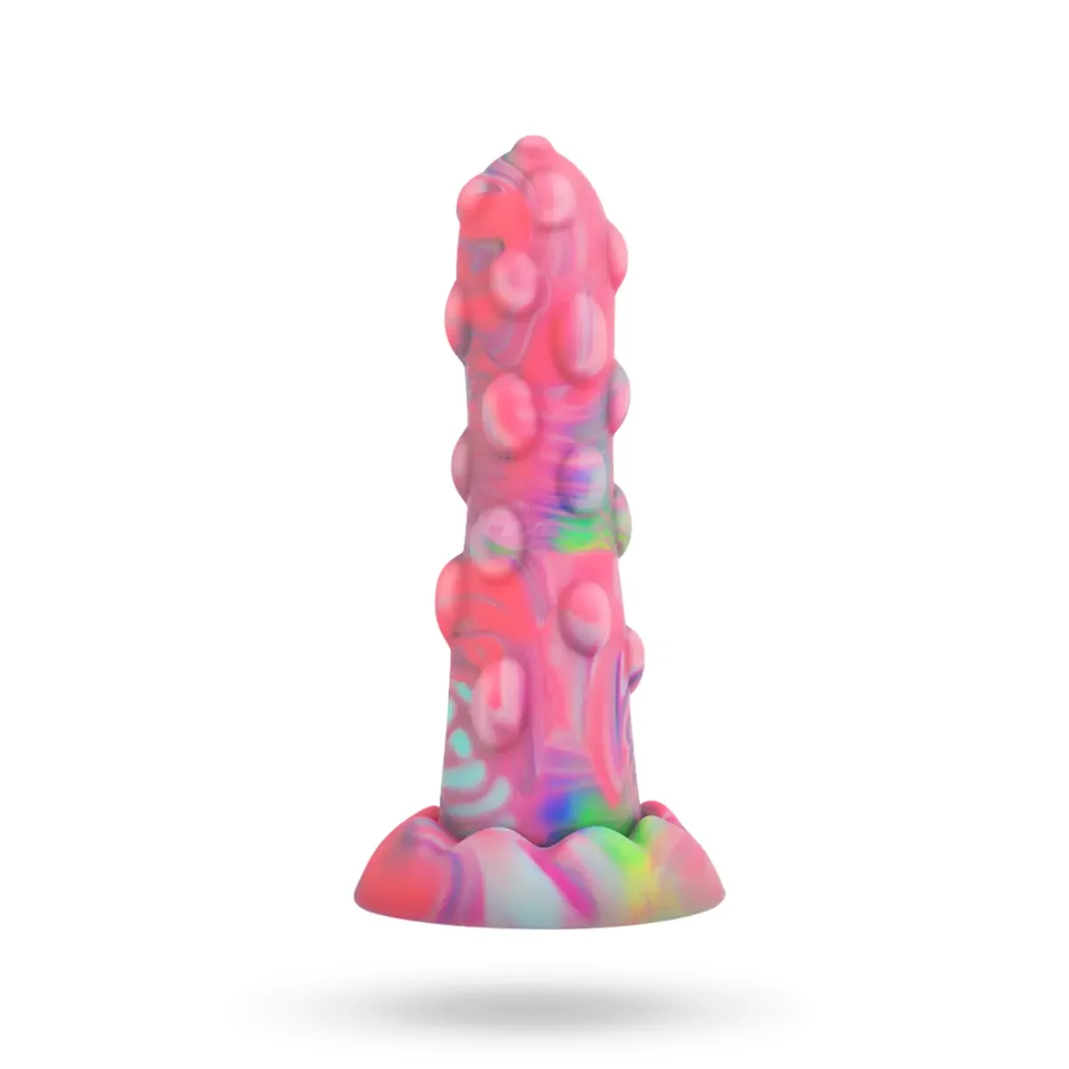 Epic Nixie Dildo Shape-Shifting Spirit 15,5 cm sedd från sidan, flerfärgad silikon med knottrig struktur och utsvängd sugkoppsbas