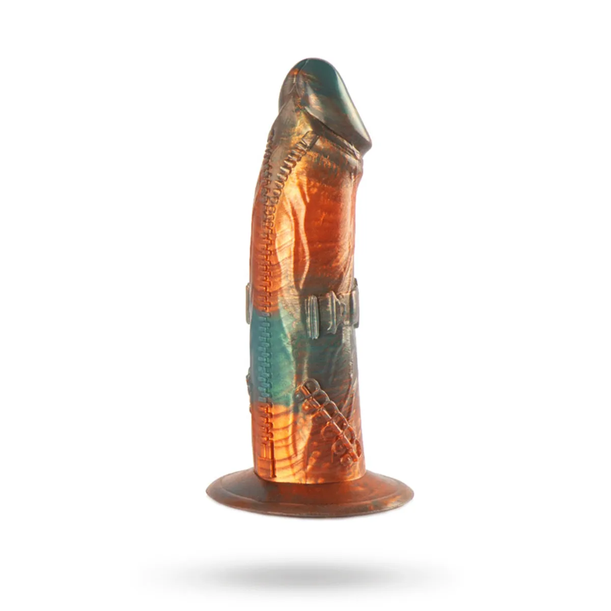 Epic Talos Dildo Of Power & Pleasure sedd snett framifrån, i orange och turkos med texturerat skaft och bred rund basplatta