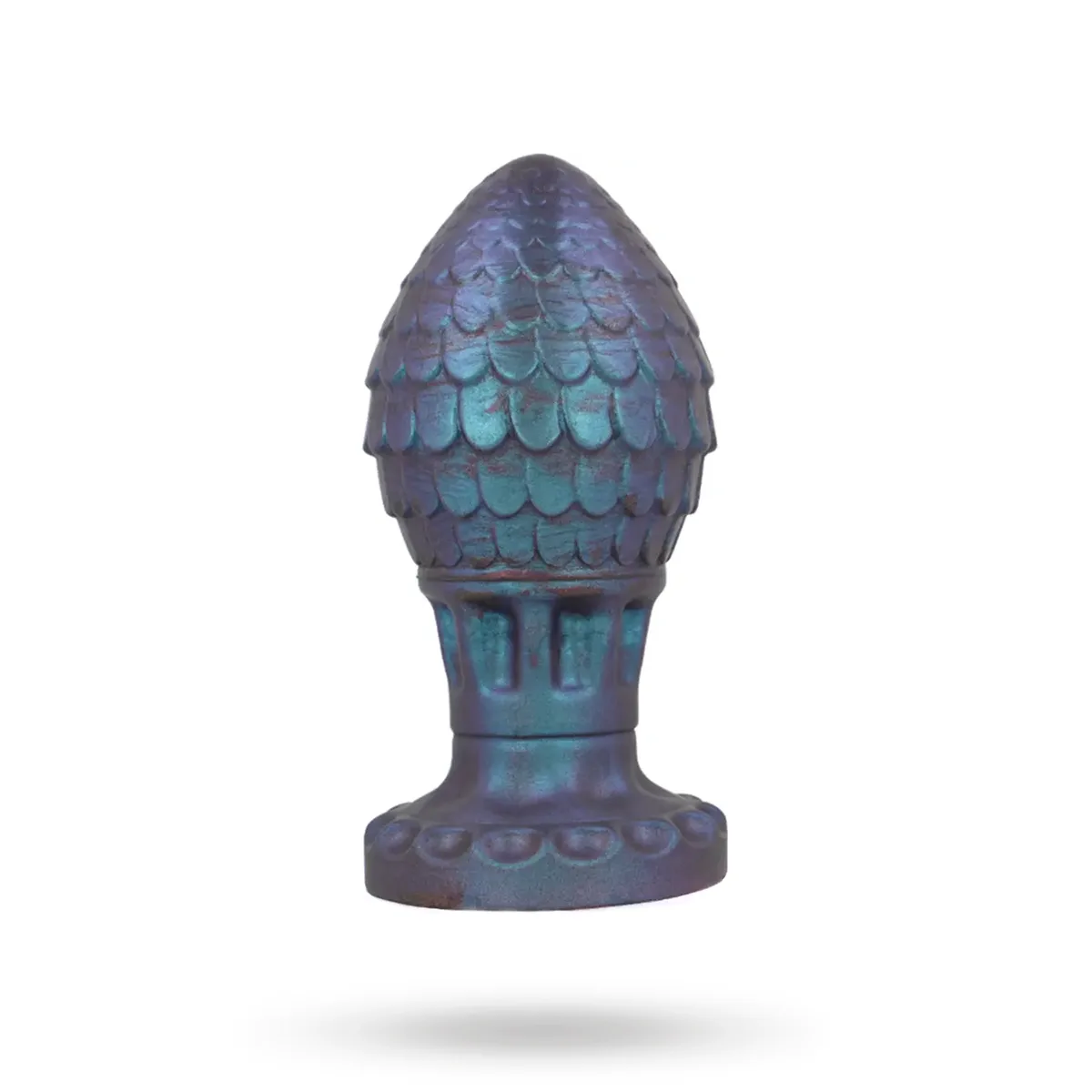 Epic Vrakos Dragon Egg Anal Plug i blågrön silikon, sedd framifrån med det fjällmönstrade ägget uppåt och den ovala basplattan nedåt