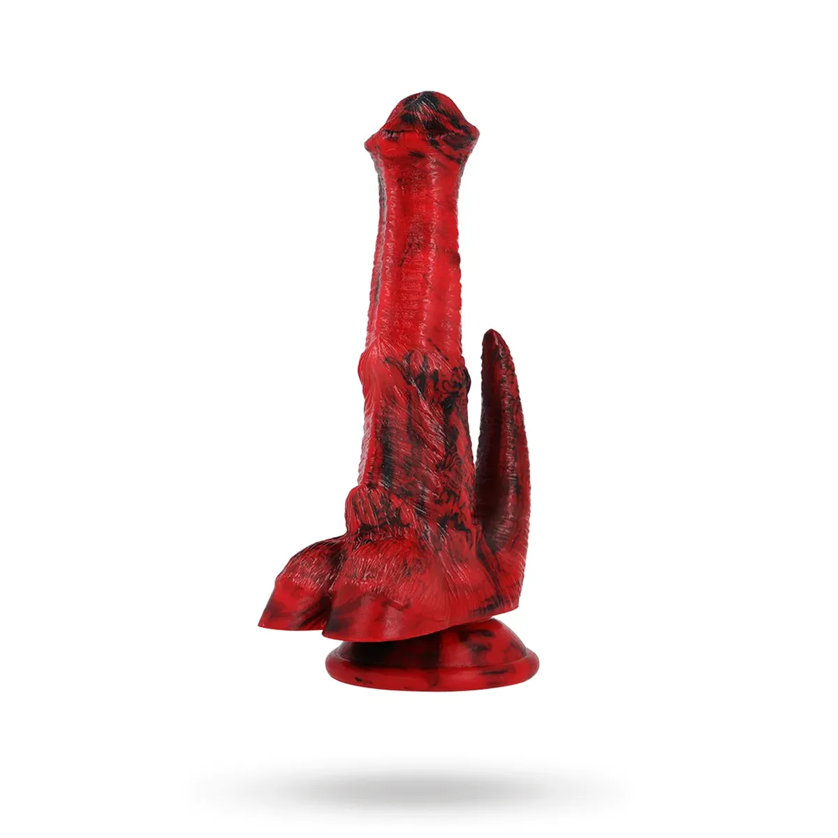 Epic Vulcanus Night Dragon Dildo 19,5 cm sedd snett från sidan, röd och svart silikon med texturerat skaft, sporre vid roten och utsvängd sugkoppsbas
