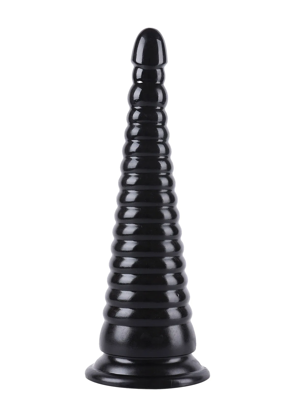 Hidden Desire Extreme XXL Anal Cone 33 cm i svart, stående upprätt mot vit bakgrund med den smala toppen uppåt och den utsvängda sugkoppsbasen nedåt