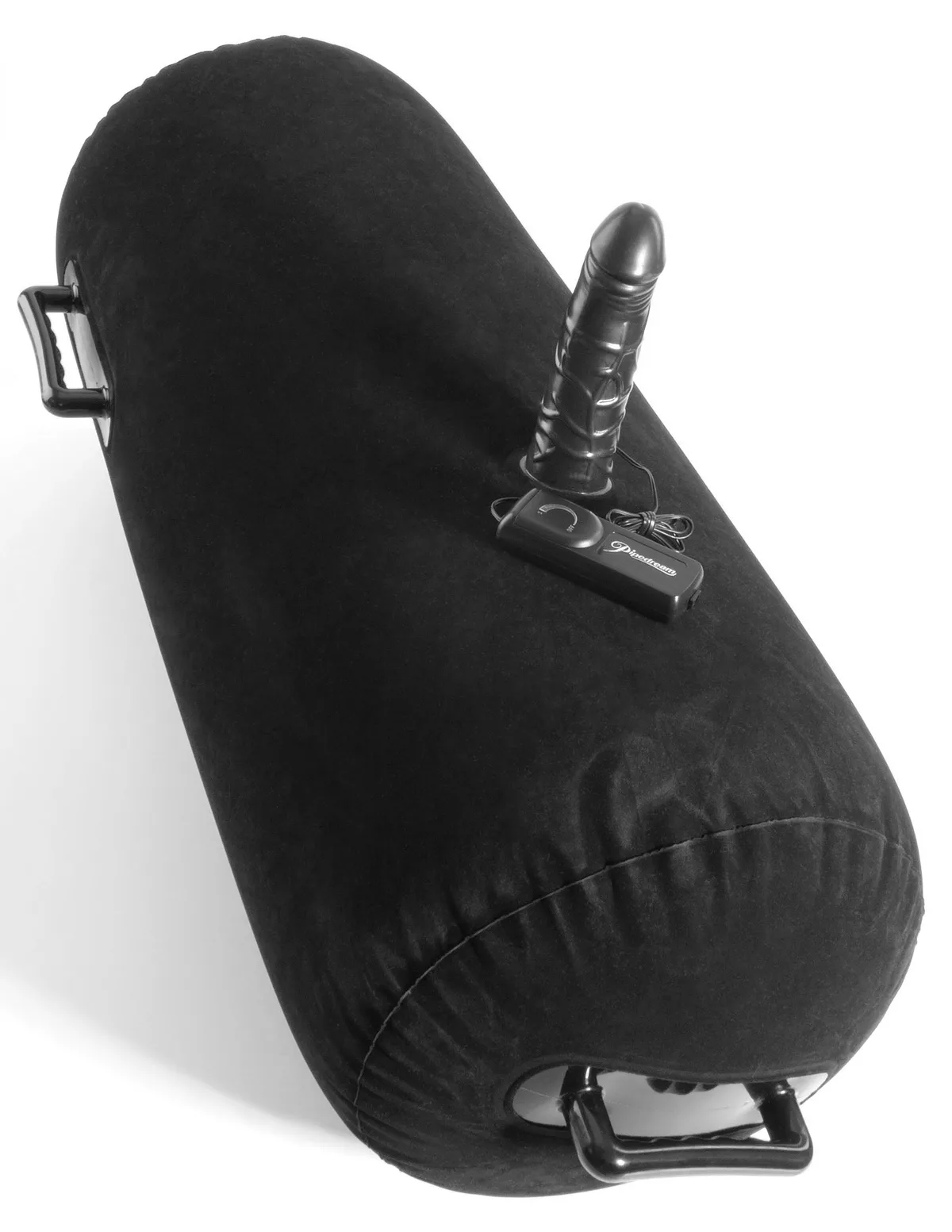 Fetish Fantasy Inflatable Luv Log i svart, sedd snett från sidan med den vibrerande dildon och fjärrkontrollen på ovansidan