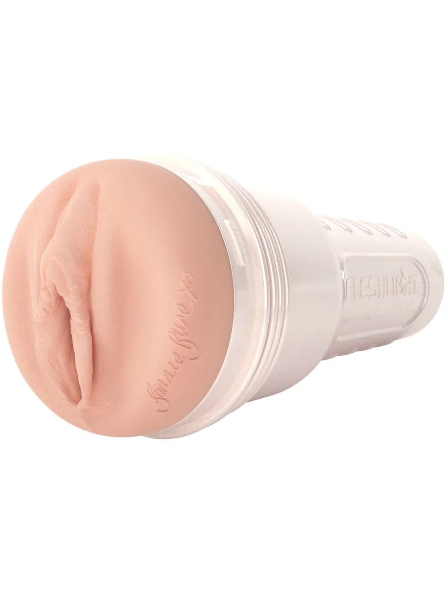 Fleshlight Bonnie Blue 1K Signature Vagina i sin helhet mot vit bakgrund, i 3/4-vy med den signerade geléskivan åt vänster och det pärlvita fodralet bakåt