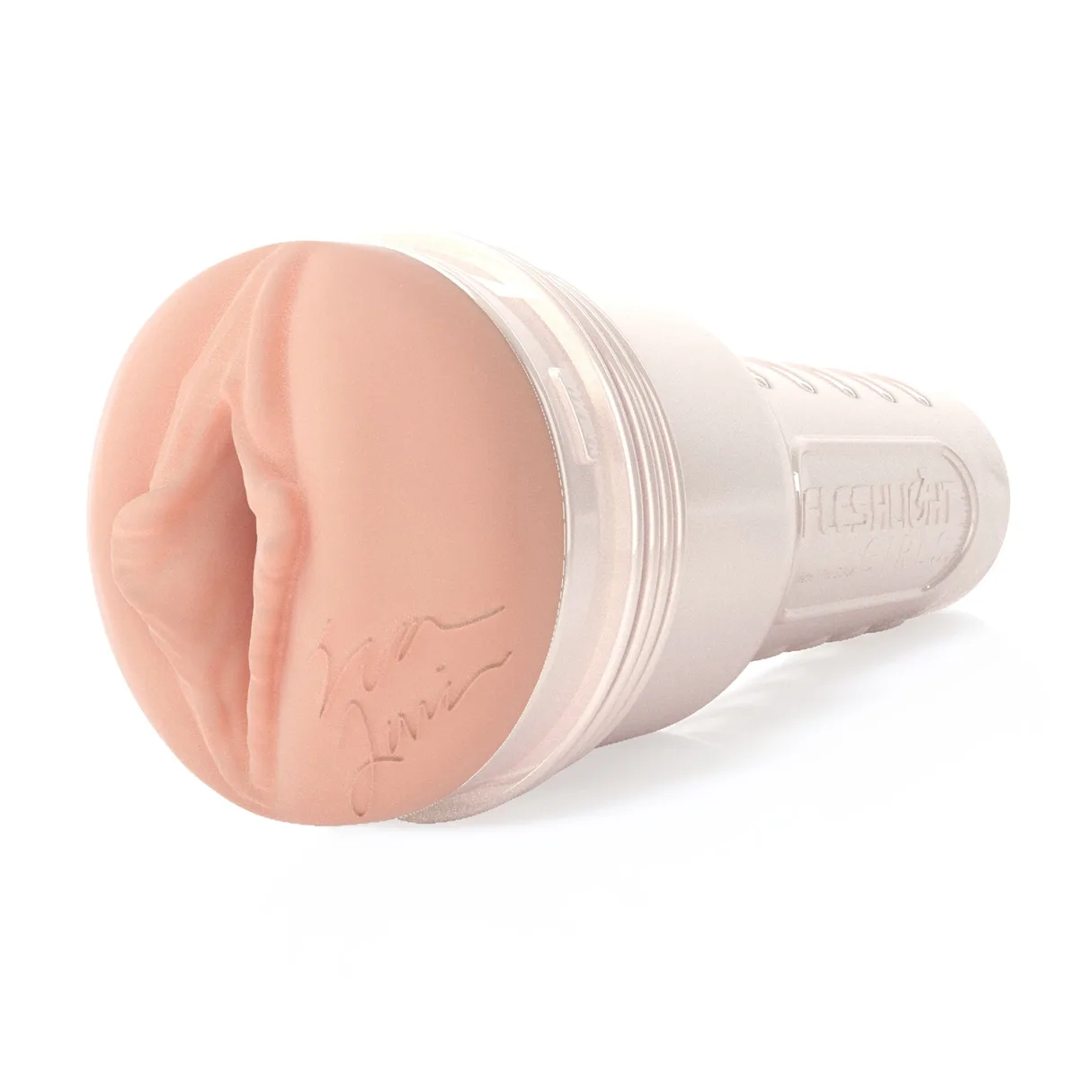 Fleshlight Girls Eva Lovia Sugar i helbild snett framifrån: den formgjutna SuperSkin-öppningen med Eva Lovias signatur i det pärlvita höljet, mot vit bakgrund