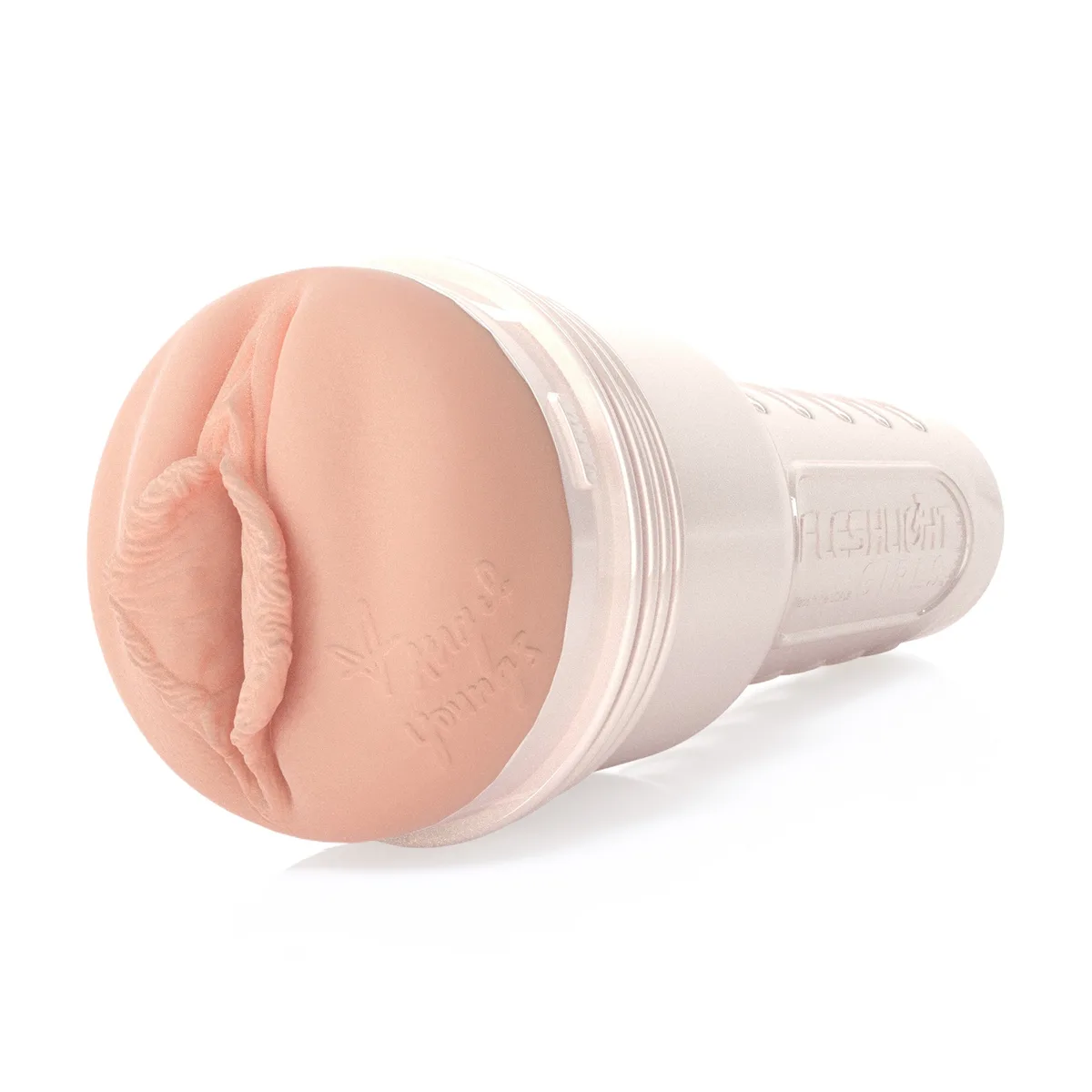 Fleshlight Girls Angel Youngs Sweetness med pärlemorskimrande hus, sedd snett framifrån med den vaginala öppningen mot betraktaren