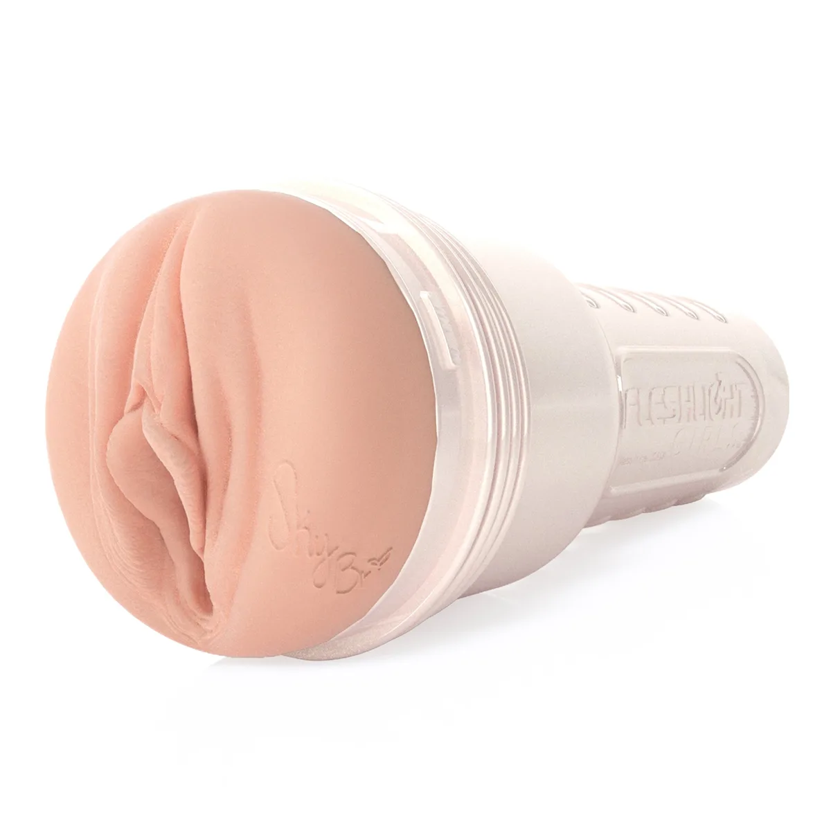 Fleshlight Girls Sky Bri Celestial med pärlemorvitt hus, sedd snett framifrån med den vaginala öppningen mot betraktaren
