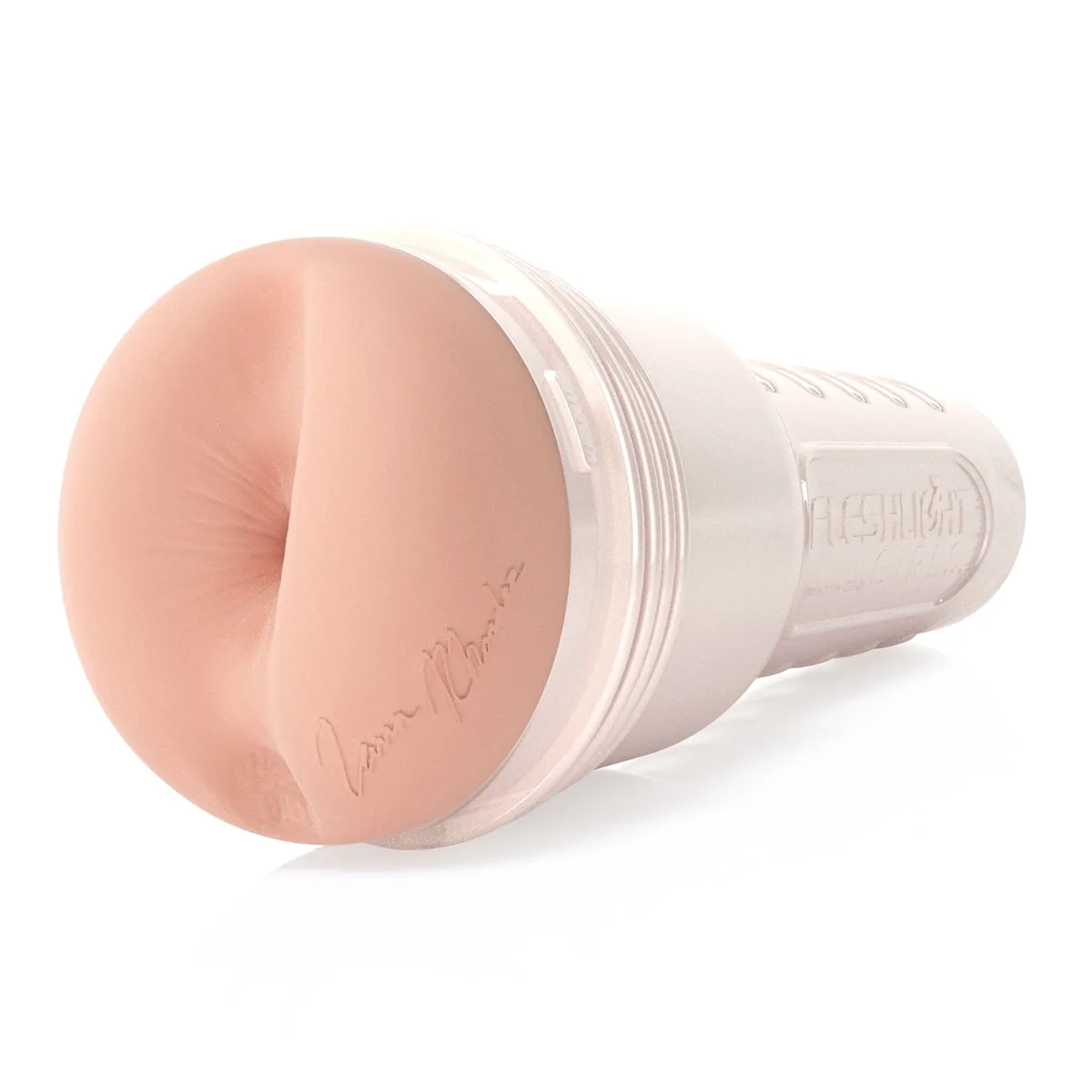 Fleshlight Girls Lana Rhoades Karma sedd snett framifrån, med den anala öppningen i Real Feel Super Skin och det pärlemorskimrande fodralet