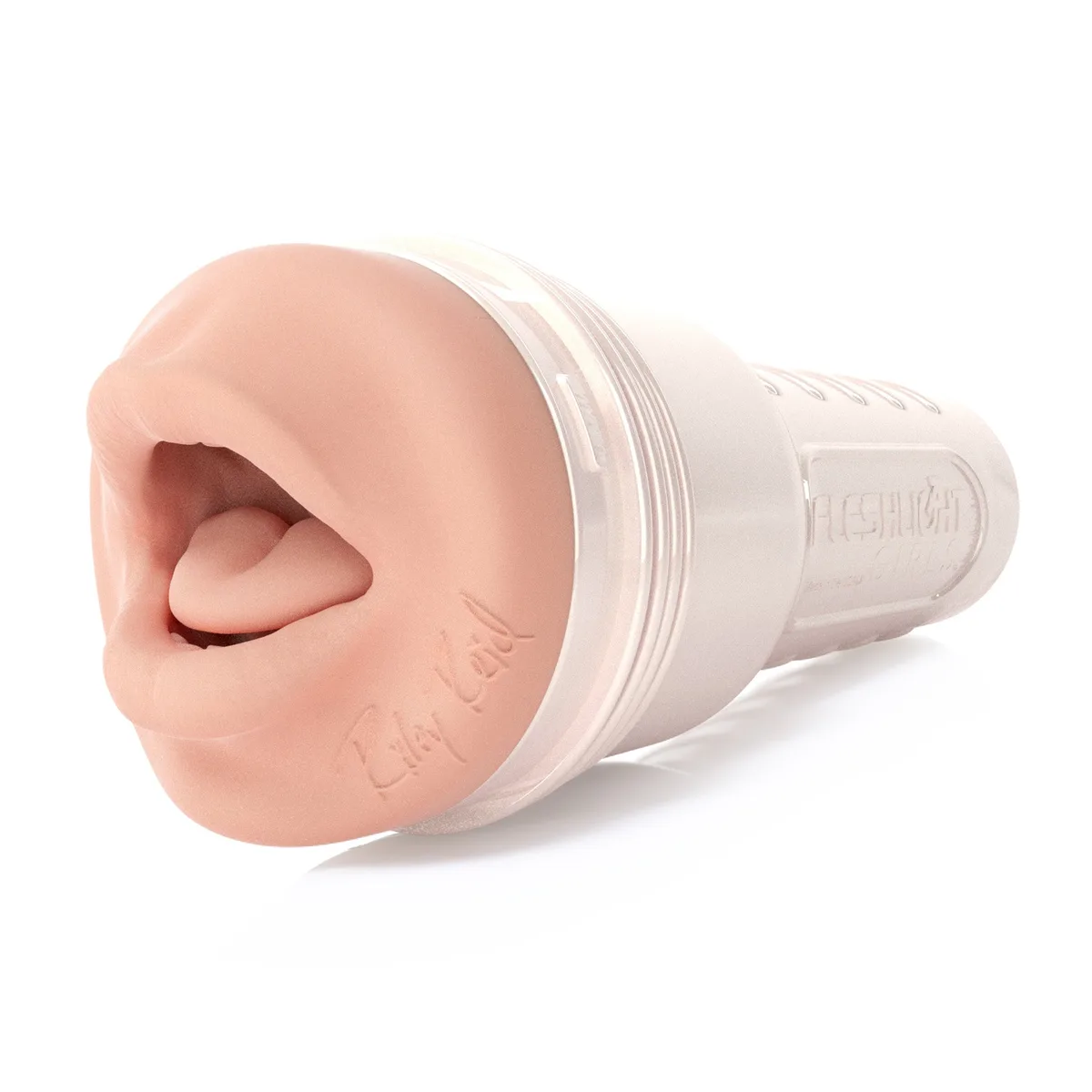 Hela Fleshlight Girls Riley Reid Insomnia i tre kvarts vy mot vit bakgrund: den avgjutna munnen i hudfärgad Real Feel SuperSkin längst fram och det vita Pearl Case-huset bakom