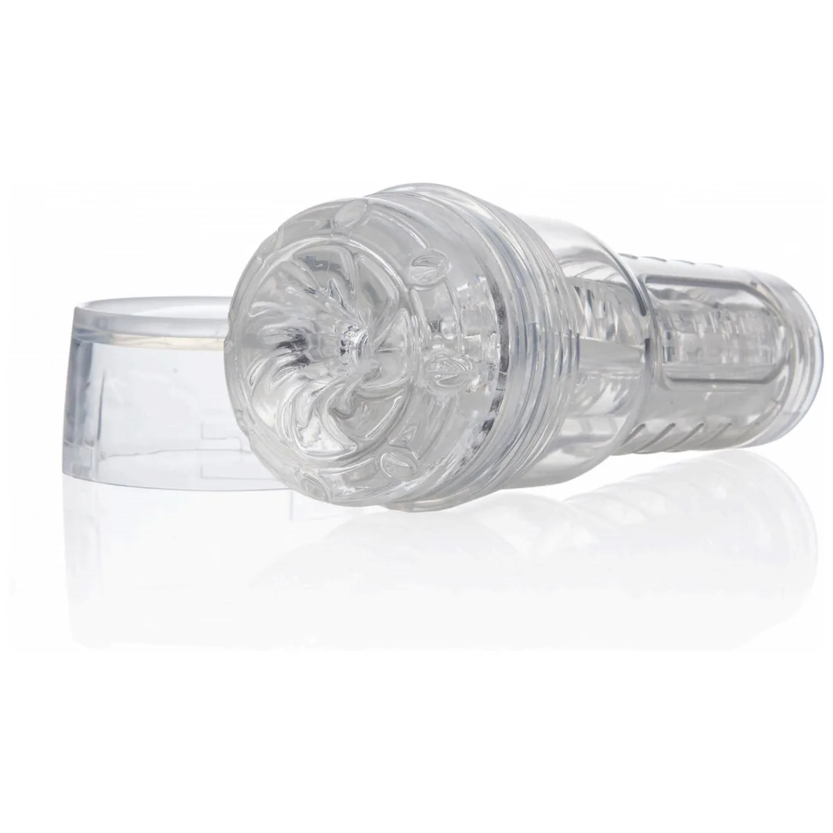 Fleshlight GO Torque i genomskinligt utförande, sedd snett från sidan med skruvlocket avtaget