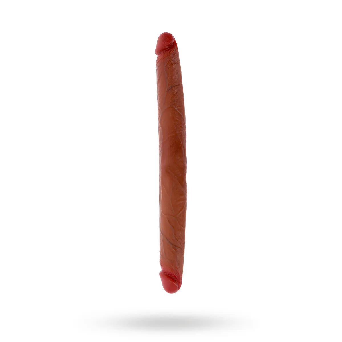 ToyJoy Get Real Silicone Foreskin Double Dong 40 cm i karamellfärgad silikon, sedd från sidan med ett ollon i varje ände
