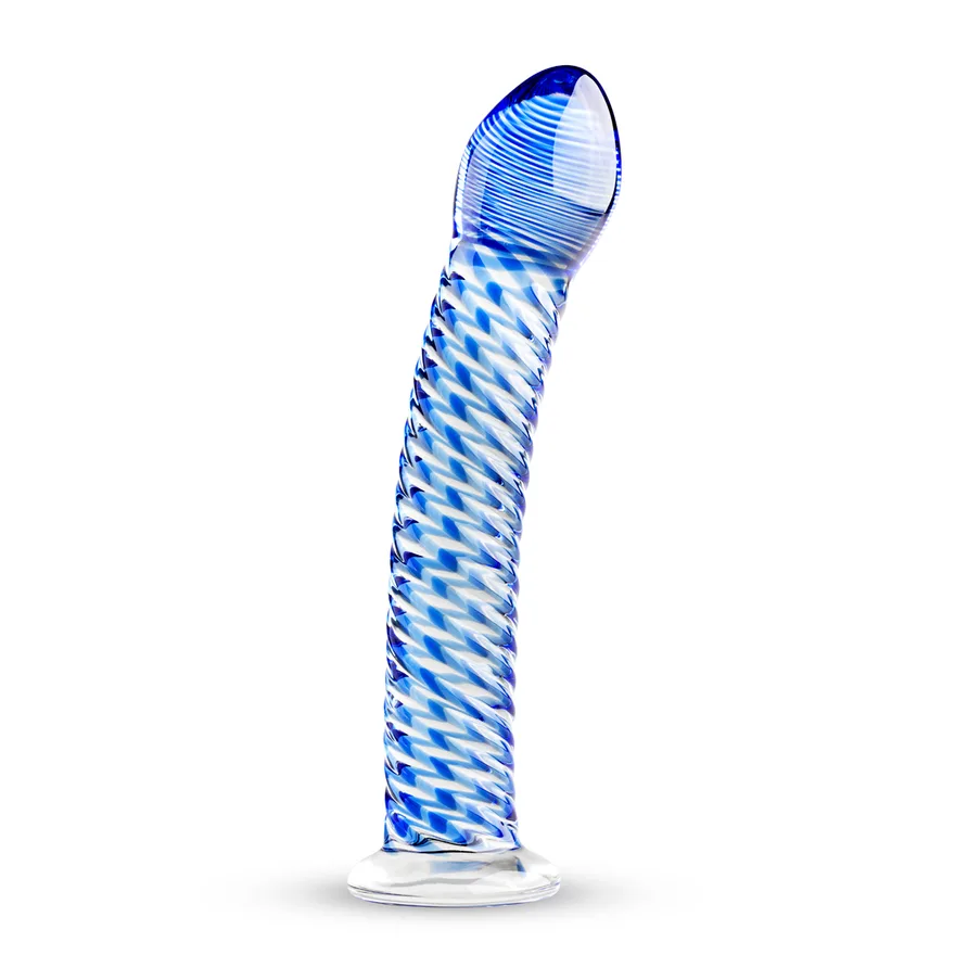 Gildo Glass Dildo No. 5 i genomskinligt glas med blå spiralribba, sedd från sidan med den platta basen nedåt