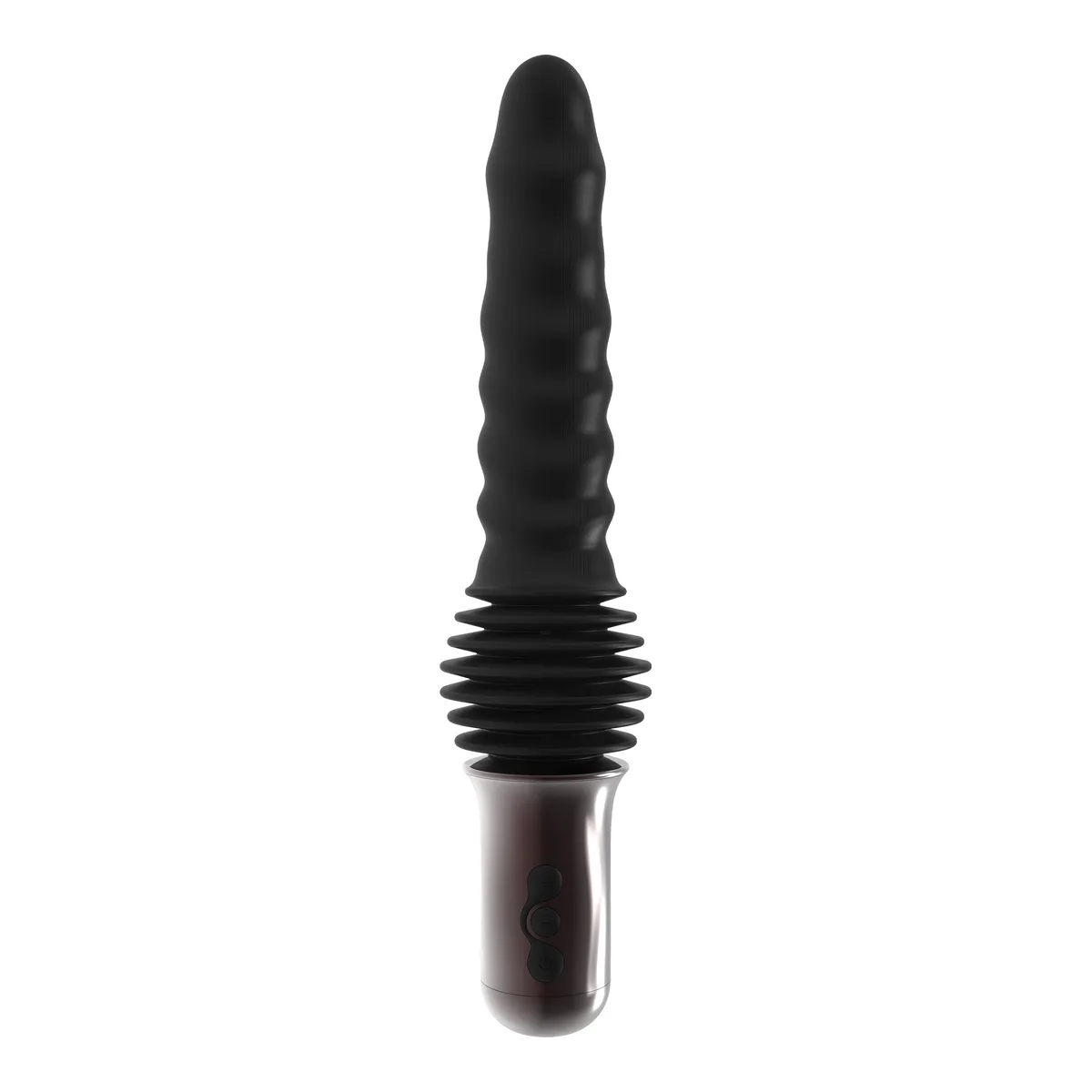 Hidden Desire Anal Power Thrusting Vibrator i svart, sedd framifrån med det ribbade silikonskaftet, bälgen och handtaget med knappar