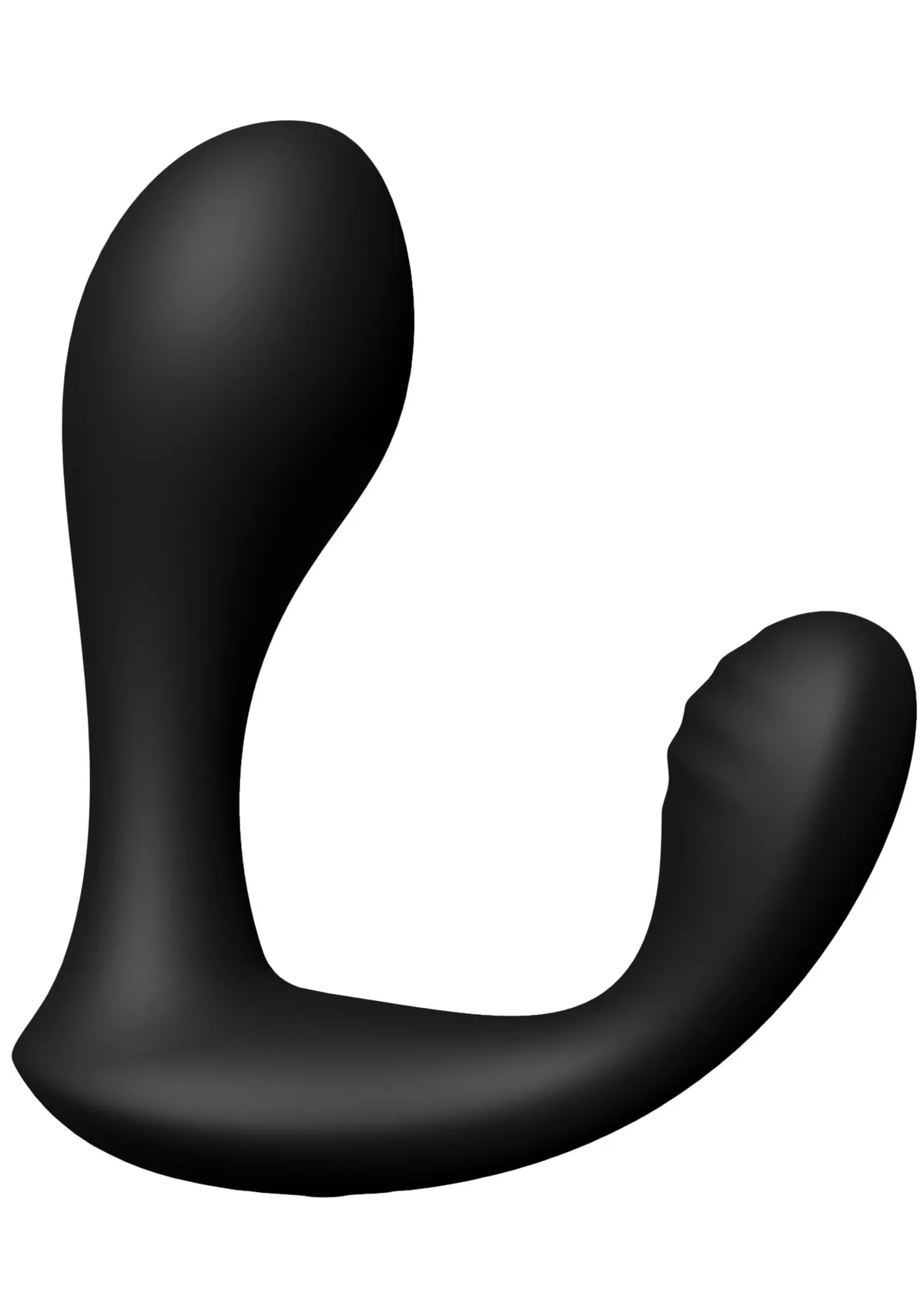 Hidden Desire Bullseye Prostate Plug i svart silikon, sedd från sidan med insticksdelen uppåt och perineumarmen till höger