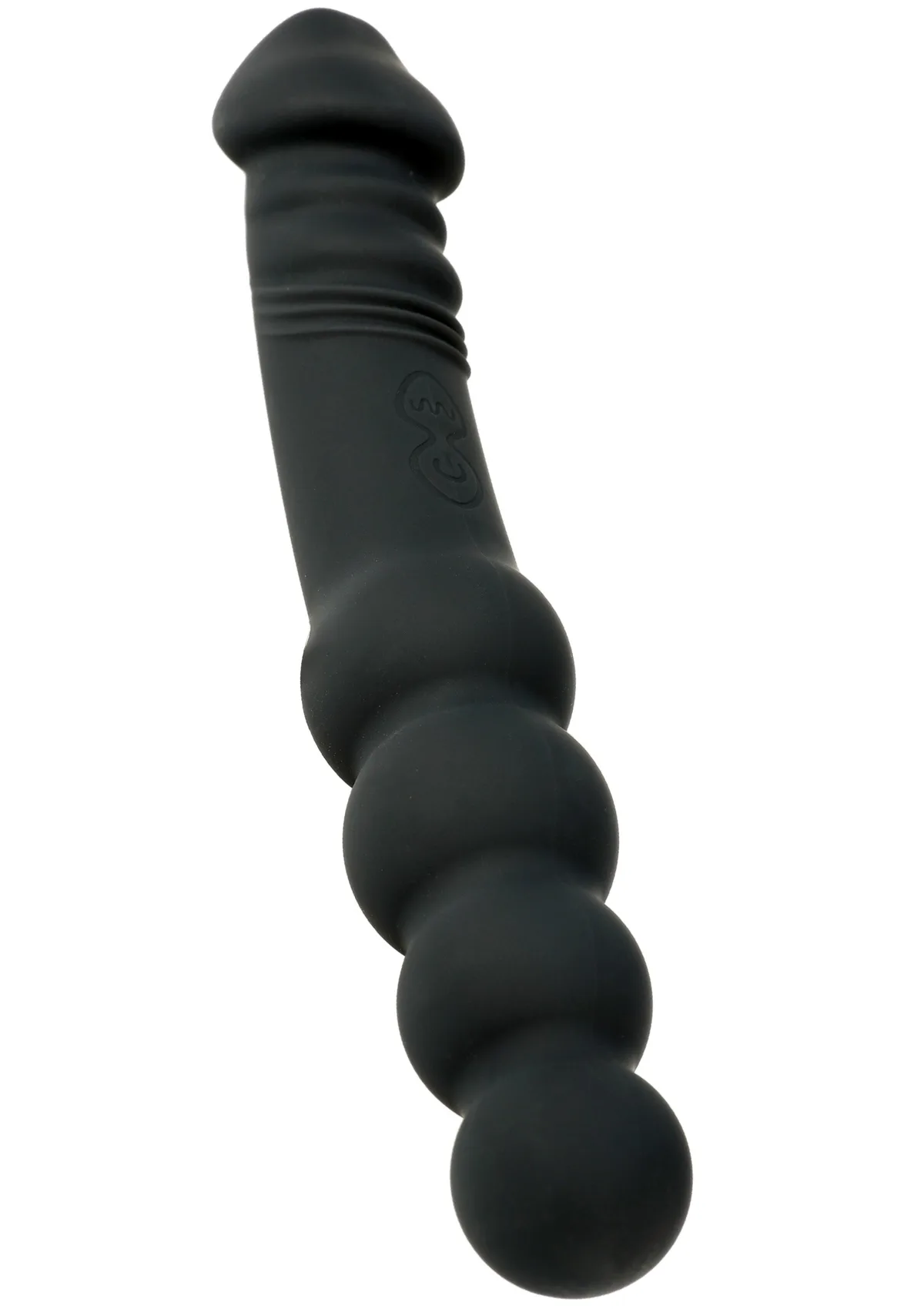 Hidden Desire Extreme Dual Sided Anal Vibrator i svart silikon, sedd snett framifrån med den realistiska sidan uppåt och den fyrdelade kulraden nedåt