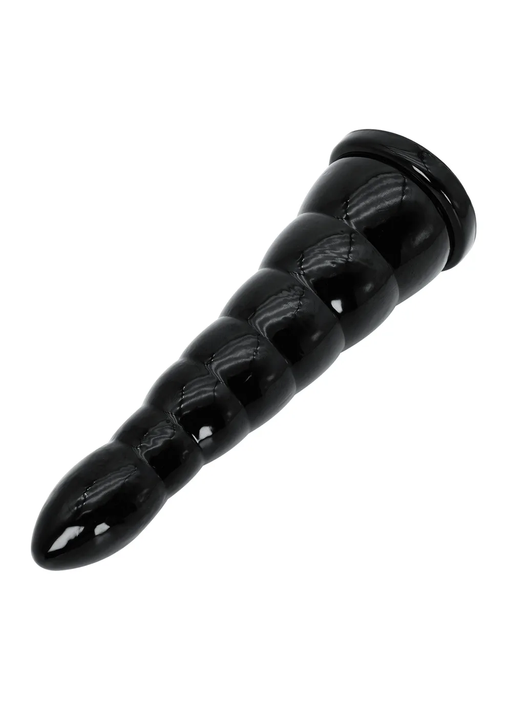 Hidden Desire Extreme Anal Cone XL 26 cm i svart, liggande snett mot vit bakgrund med den smala toppen åt vänster och den utsvängda basen åt höger