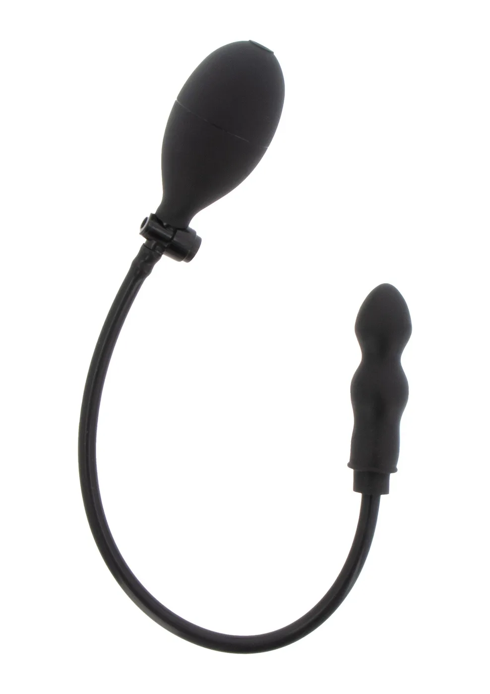 Hidden Desire Extreme Inflatable Bulb Starter Plug i svart silikon, sedd från sidan med den vågformade insatsen, den fastmonterade slangen och pumpbollen