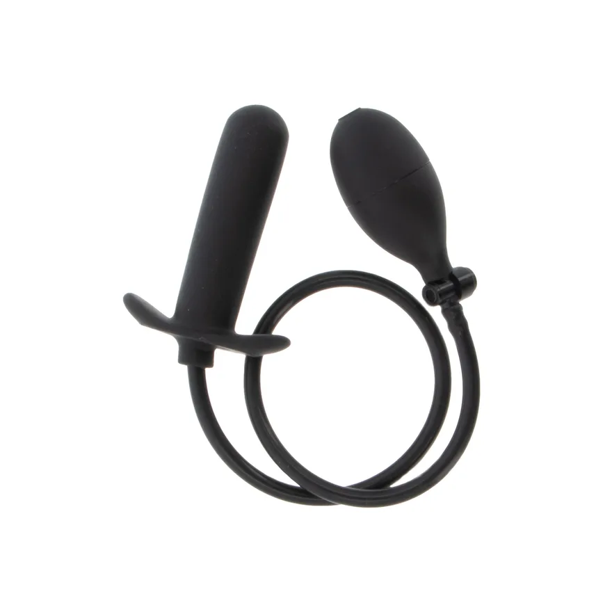 Hidden Desire Extreme Inflatable Smooth Starter Plug i svart silikon, sedd från sidan med slangen och pumpbollen