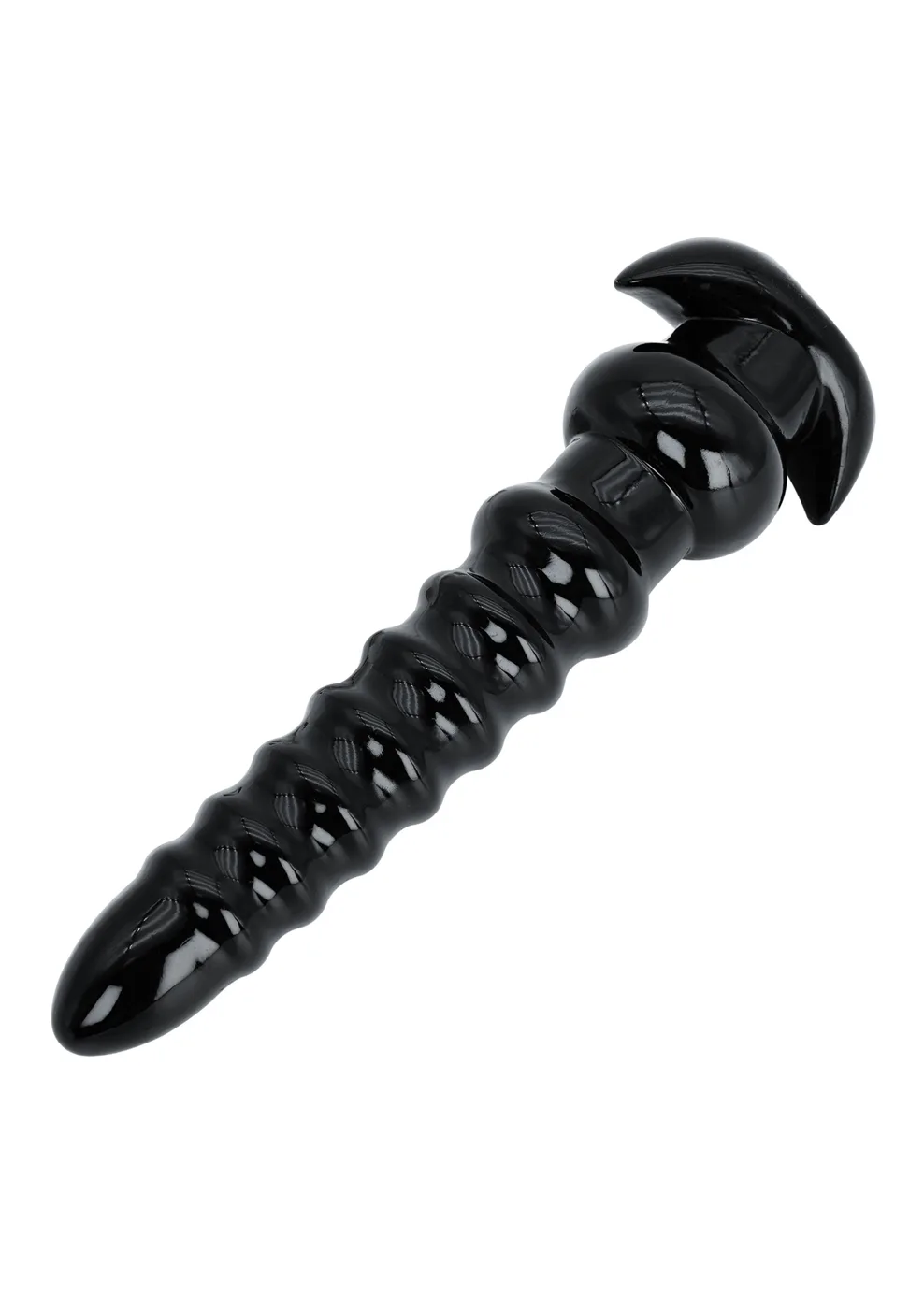 Hidden Desire Extreme XXL Anal Drill 34 cm i svart, sedd snett från sidan med det segmenterade spiralskaftet och den korsformade basen
