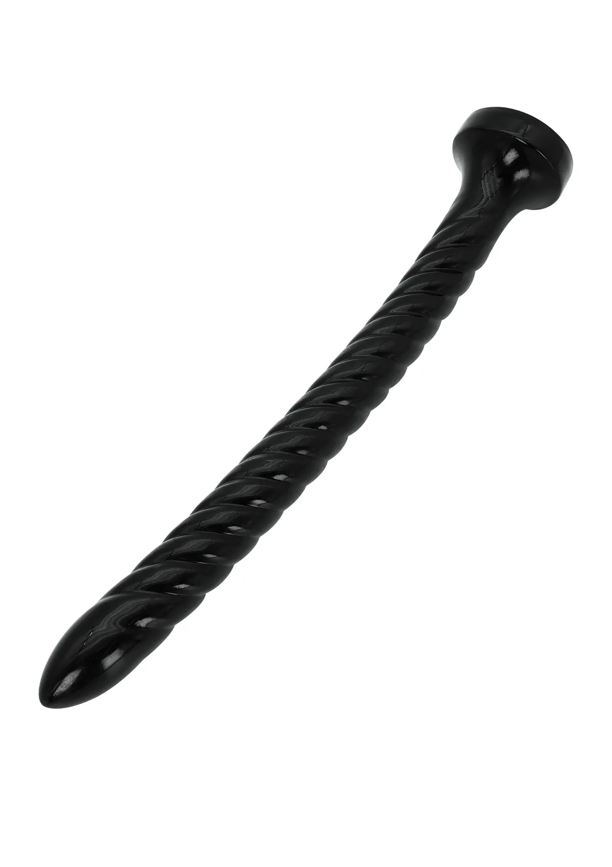 Hidden Desire Extreme XXL Anal Serpent 45 cm i svart, liggande snett mot vit bakgrund med den avsmalnande spetsen nedåt vänster och den runda basskivan uppåt höger
