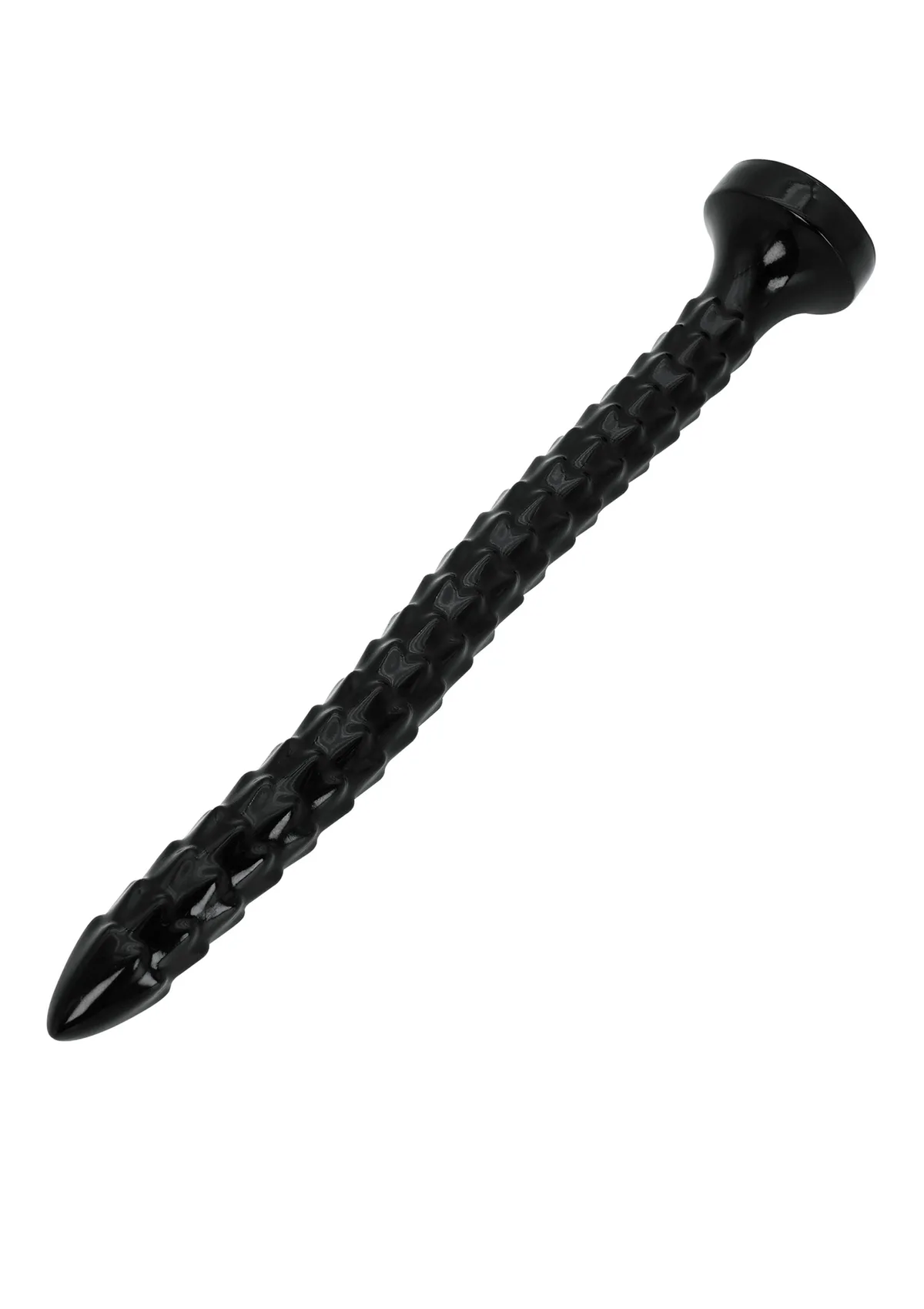 Hidden Desire Extreme XXL Anal Snake 45 cm i svart PVC, sedd snett från sidan med den fjällmönstrade ytan och den runda basen