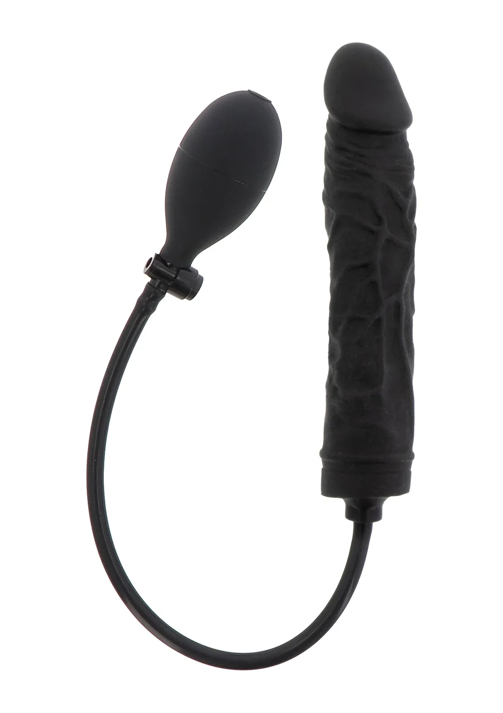 Hidden Desire Extreme Inflatable Dong Advanced i svart silikon med slang och pumpboll, sedd från sidan